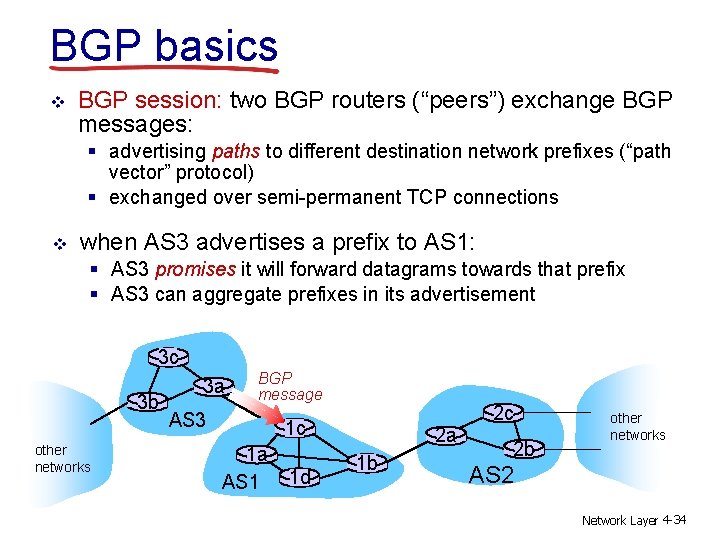 BGP basics v BGP session: two BGP routers (“peers”) exchange BGP messages: § advertising