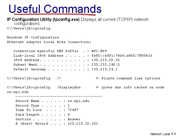 Useful Commands IP Configuration Utility (Ipconfig. exe) Displays all current (TCP/IP) network configurations. C: