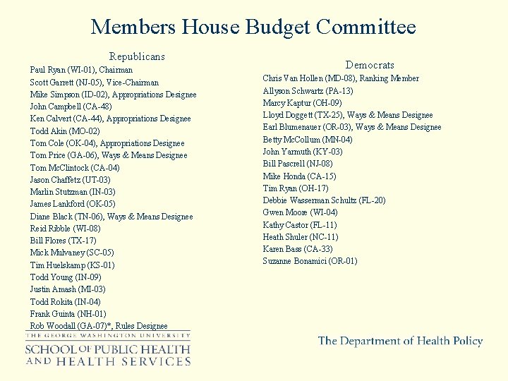 Members House Budget Committee Republicans Paul Ryan (WI-01), Chairman Scott Garrett (NJ-05), Vice-Chairman Mike