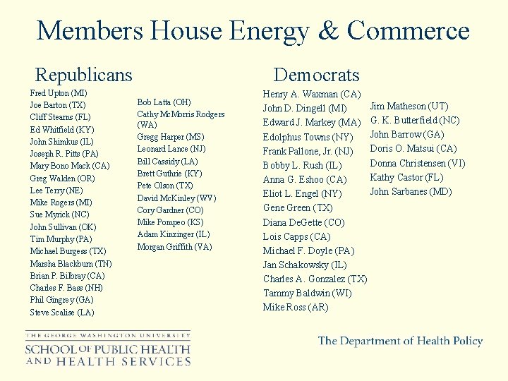 Members House Energy & Commerce Republicans Fred Upton (MI) Joe Barton (TX) Cliff Stearns