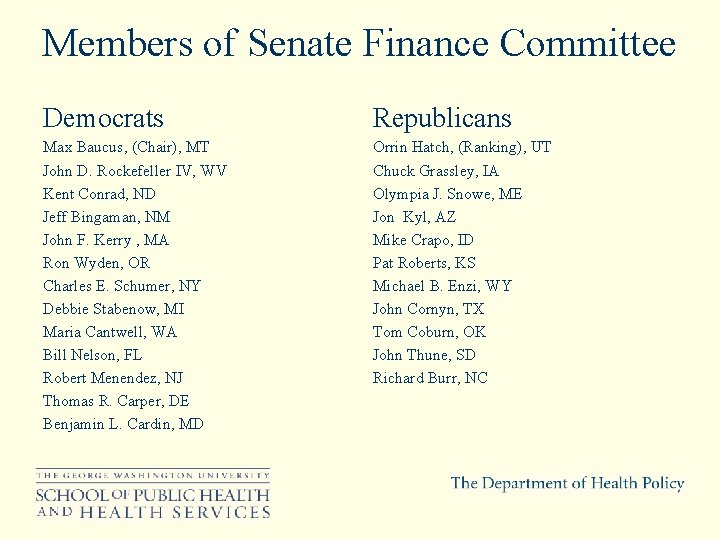 Members of Senate Finance Committee Democrats Republicans Max Baucus, (Chair), MT John D. Rockefeller