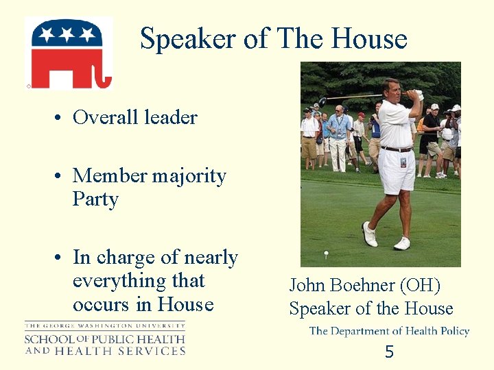 Speaker of The House • Overall leader • Member majority Party • In charge