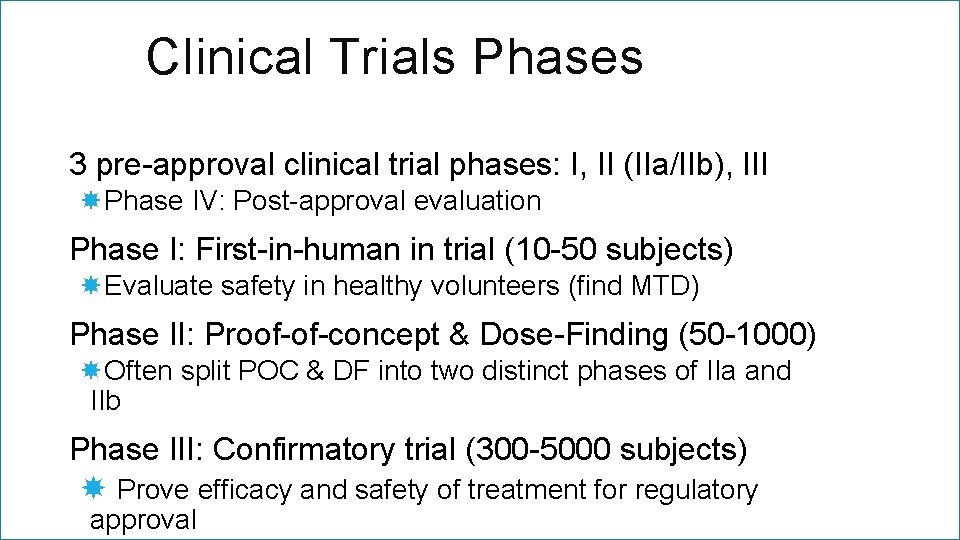 Clinical Trials Phases 3 pre-approval clinical trial phases: I, II (IIa/IIb), III Phase IV: