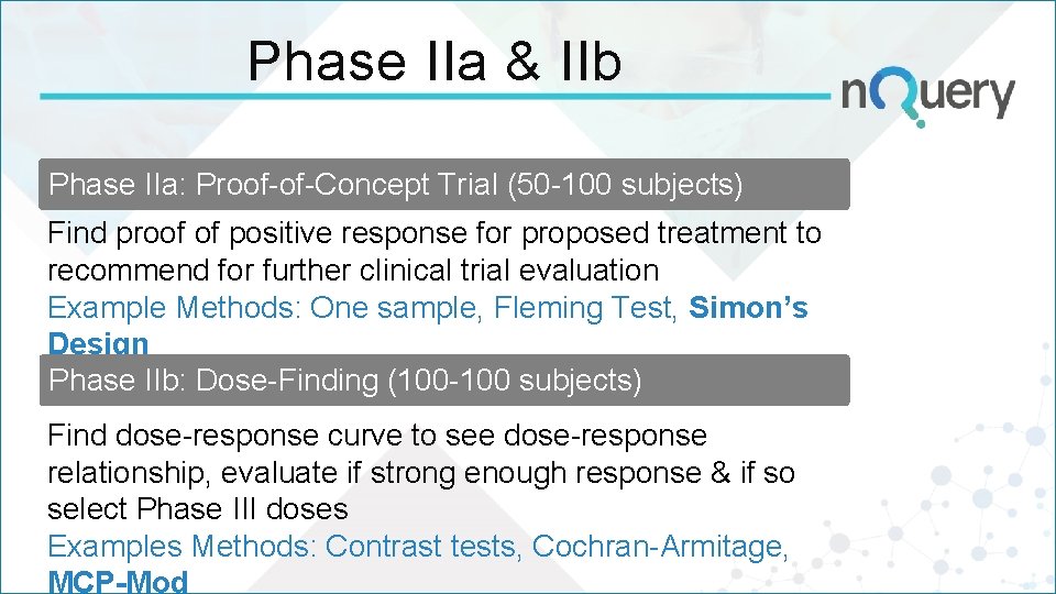 Phase IIa & IIb Phase IIa: Proof-of-Concept Trial (50 -100 subjects) Find proof of