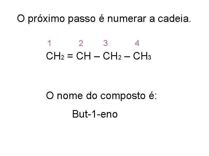 O próximo passo é numerar a cadeia. 1 2 3 4 CH 2 =