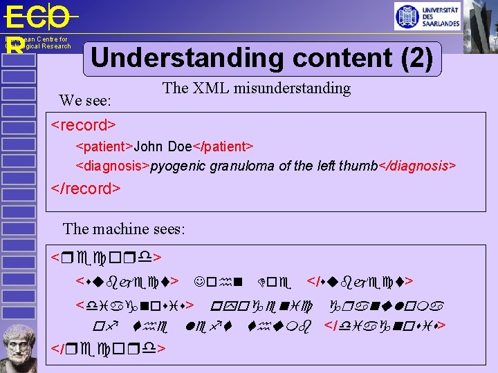 ECO R Understanding content (2) European Centre for Ontological Research We see: The XML