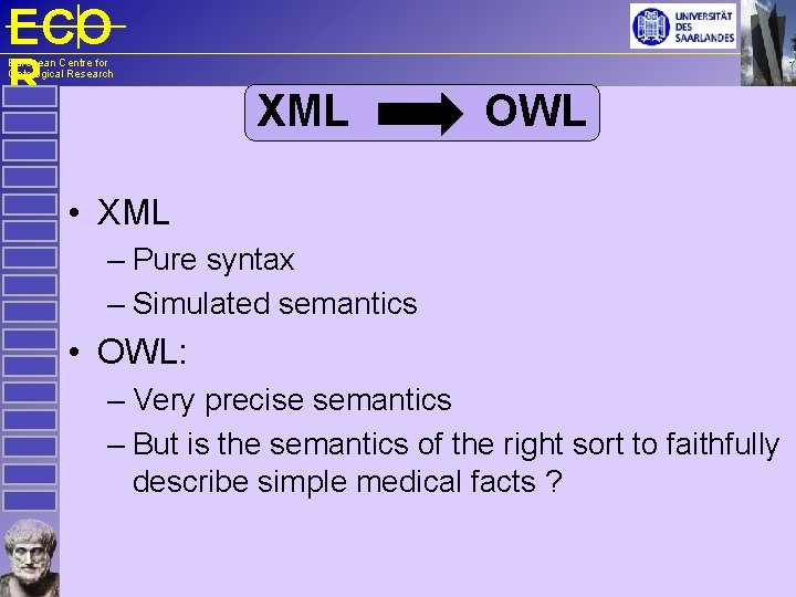 ECO R European Centre for Ontological Research XML OWL • XML – Pure syntax