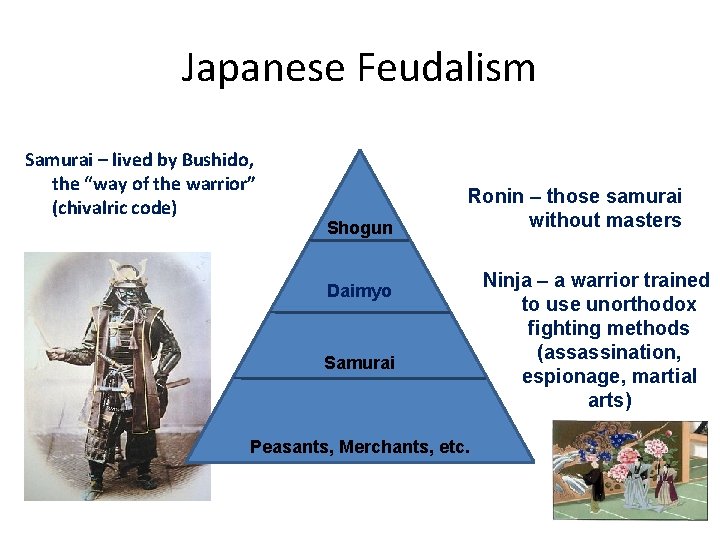 Japanese Feudalism Samurai – lived by Bushido, the “way of the warrior” (chivalric code)