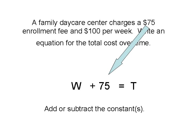 A family daycare center charges a $75 enrollment fee and $100 per week. Write