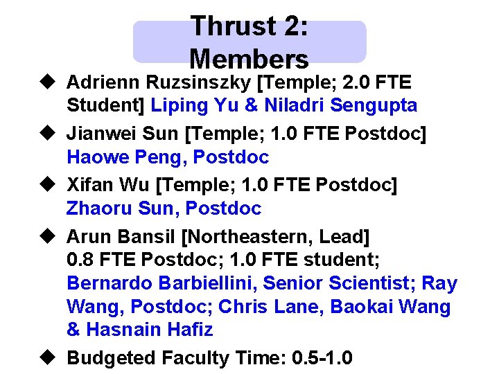 Thrust 2: Members u Adrienn Ruzsinszky [Temple; 2. 0 FTE Student] Liping Yu &