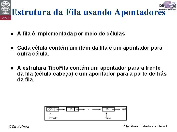 Estrutura da Fila usando Apontadores n A fila é implementada por meio de células