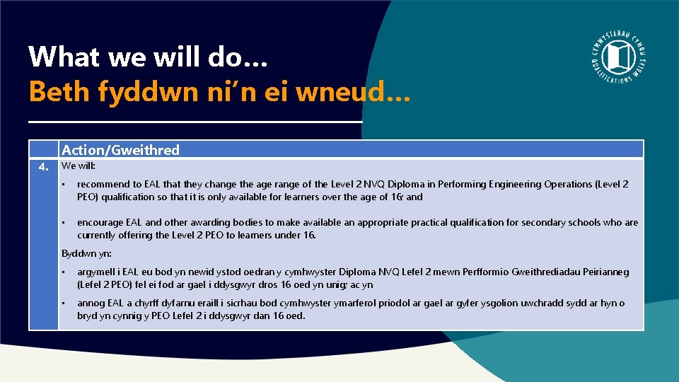 What we will do… Beth fyddwn ni’n ei wneud… 4. Action/Gweithred We will: •