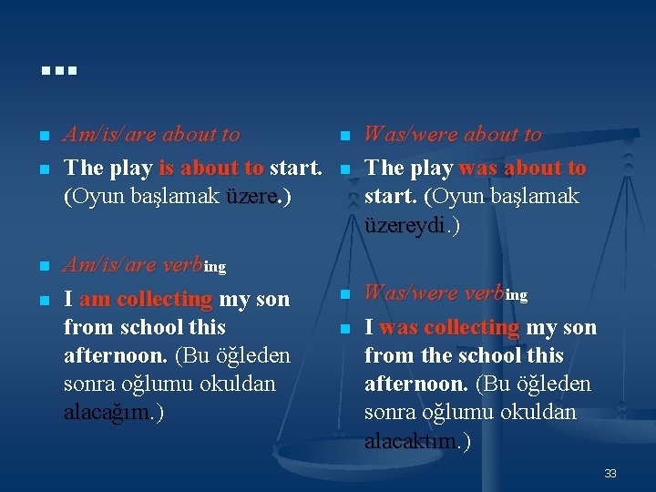 … n n Am/is/are about to The play is about to start. (Oyun başlamak … n n Am/is/are about to The play is about to start. (Oyun başlamak