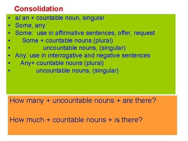 Consolidation • • a/ an + countable noun, singular Some, any: Some: use in