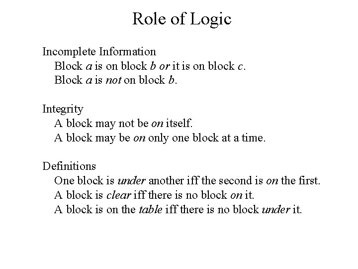 Role of Logic Incomplete Information Block a is on block b or it is Role of Logic Incomplete Information Block a is on block b or it is