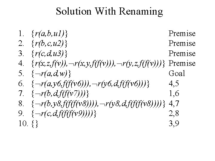 Solution With Renaming 1. {r(a, b, u 1)} 2. {r(b, c, u 2)} 3. Solution With Renaming 1. {r(a, b, u 1)} 2. {r(b, c, u 2)} 3.