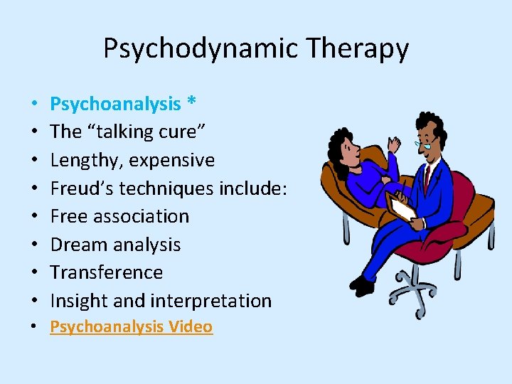 Psychodynamic Therapy • • Psychoanalysis * The “talking cure” Lengthy, expensive Freud’s techniques include: