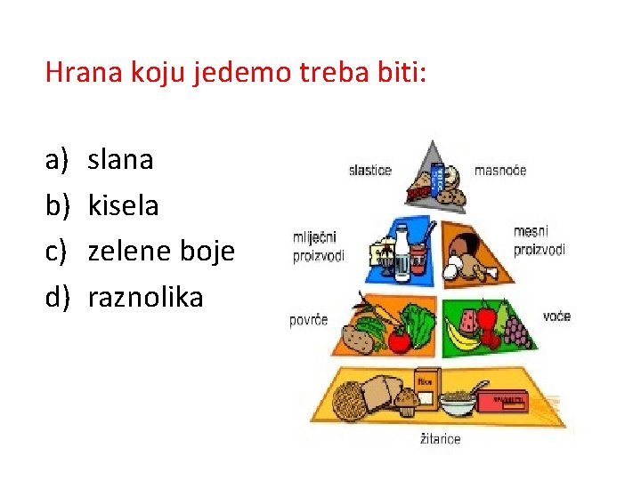 Hrana koju jedemo treba biti: a) b) c) d) slana kisela zelene boje raznolika