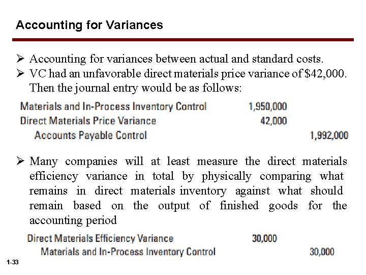 Accounting for Variances Ø Accounting for variances between actual and standard costs. Ø VC