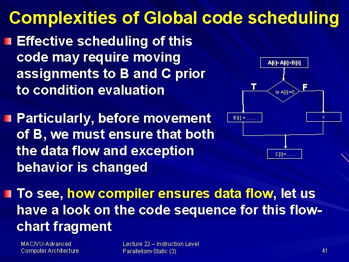 Complexities of Global code scheduling Effective scheduling of this code may require moving assignments