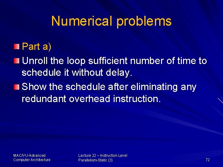 Numerical problems Part a) Unroll the loop sufficient number of time to schedule it