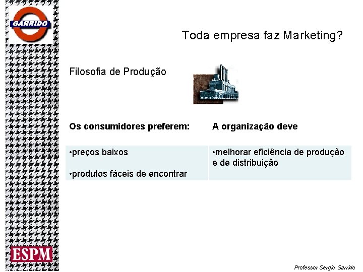 Toda empresa faz Marketing? Filosofia de Produção Os consumidores preferem: A organização deve •
