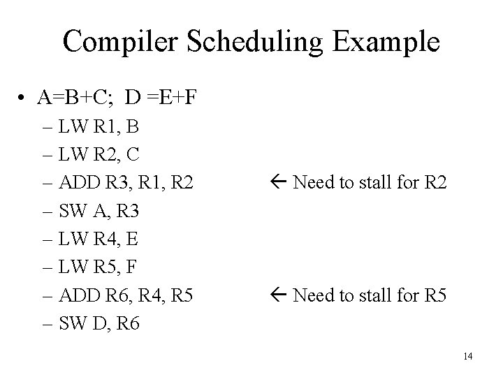 Compiler Scheduling Example • A=B+C; D =E+F – LW R 1, B – LW