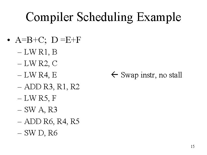 Compiler Scheduling Example • A=B+C; D =E+F – LW R 1, B – LW