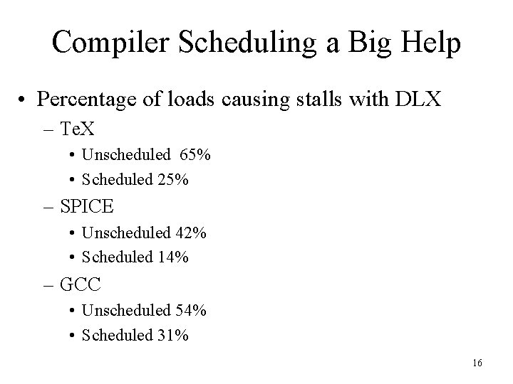 Compiler Scheduling a Big Help • Percentage of loads causing stalls with DLX –