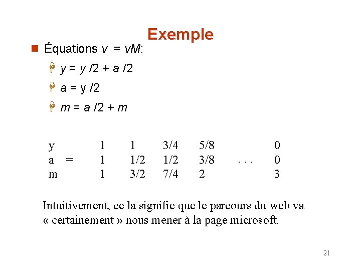 n Équations v = v. M: Exemple H y = y /2 + a