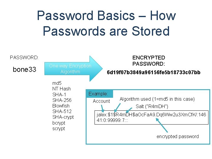 Password Basics – How Passwords are Stored ENCRYPTED PASSWORD: bone 33 One way Encryption