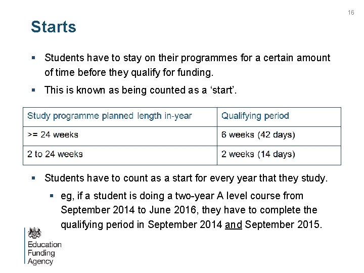 16 Starts § Students have to stay on their programmes for a certain amount