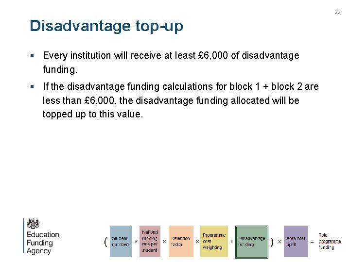 22 Disadvantage top-up § Every institution will receive at least £ 6, 000 of