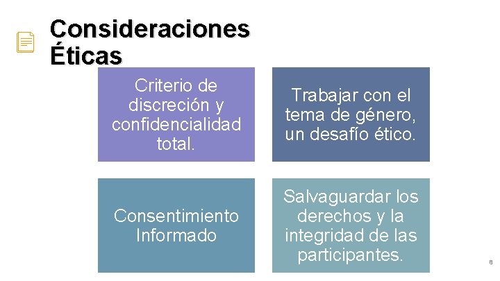 Consideraciones Éticas Criterio de discreción y confidencialidad total. Trabajar con el tema de género,