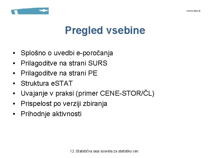 Pregled vsebine • • Splošno o uvedbi e-poročanja Prilagoditve na strani SURS Prilagoditve na