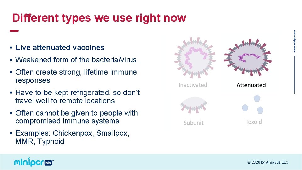 Different types we use right now • Live attenuated vaccines • Weakened form of