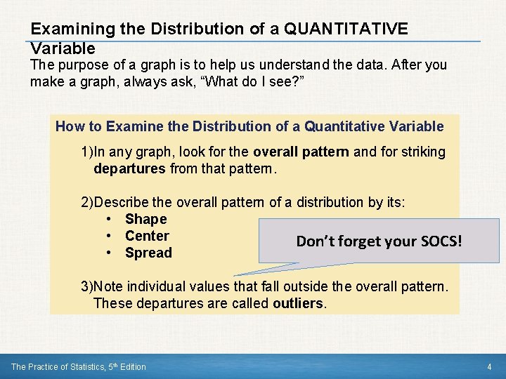 Examining the Distribution of a QUANTITATIVE Variable The purpose of a graph is to