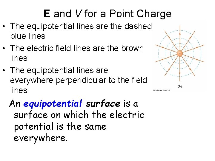 E and V for a Point Charge • The equipotential lines are the dashed