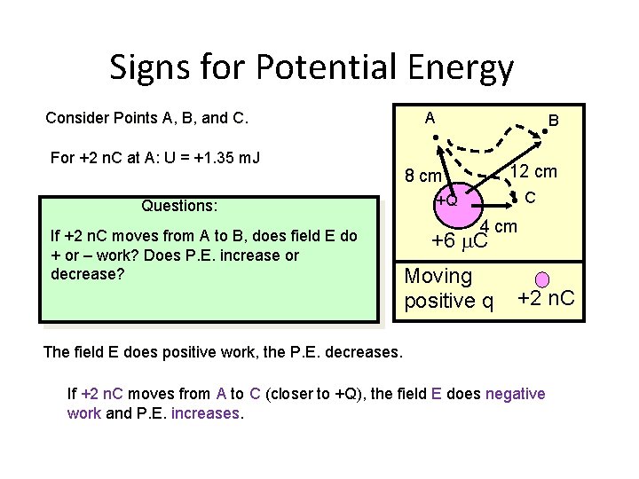 Signs for Potential Energy Consider Points A, B, and C. For +2 n. C