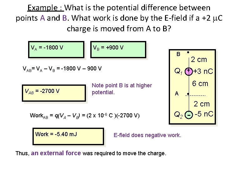 Example : What is the potential difference between points A and B. What work