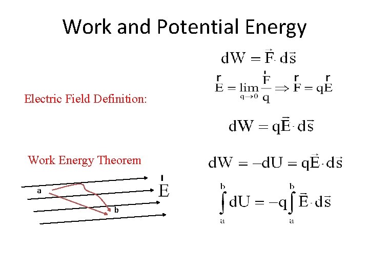 Work and Potential Energy Electric Field Definition: Work Energy Theorem a b 