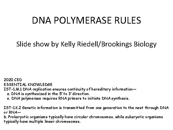 DNA POLYMERASE RULES Slide show by Kelly Riedell/Brookings Biology 2020 CED ESSENTIAL KNOWLEDGE IST-1.