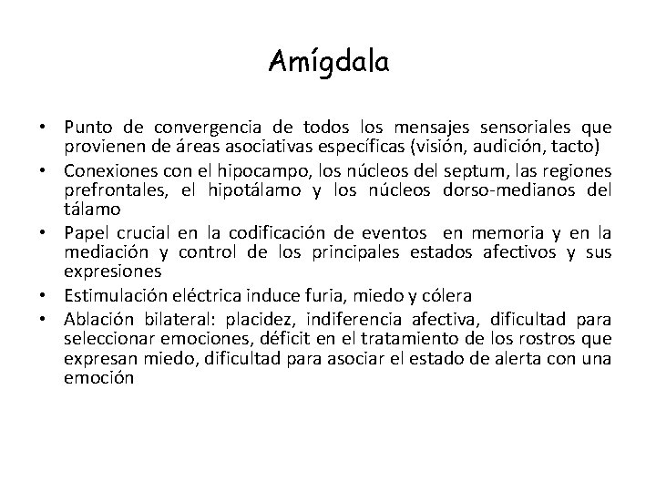 Amígdala • Punto de convergencia de todos los mensajes sensoriales que provienen de áreas