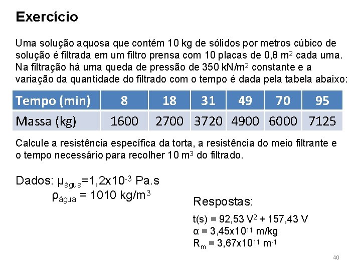 Exercício Uma solução aquosa que contém 10 kg de sólidos por metros cúbico de