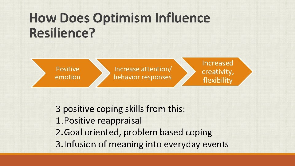 How Does Optimism Influence Resilience? Positive emotion Increase attention/ behavior responses Increased creativity, flexibility