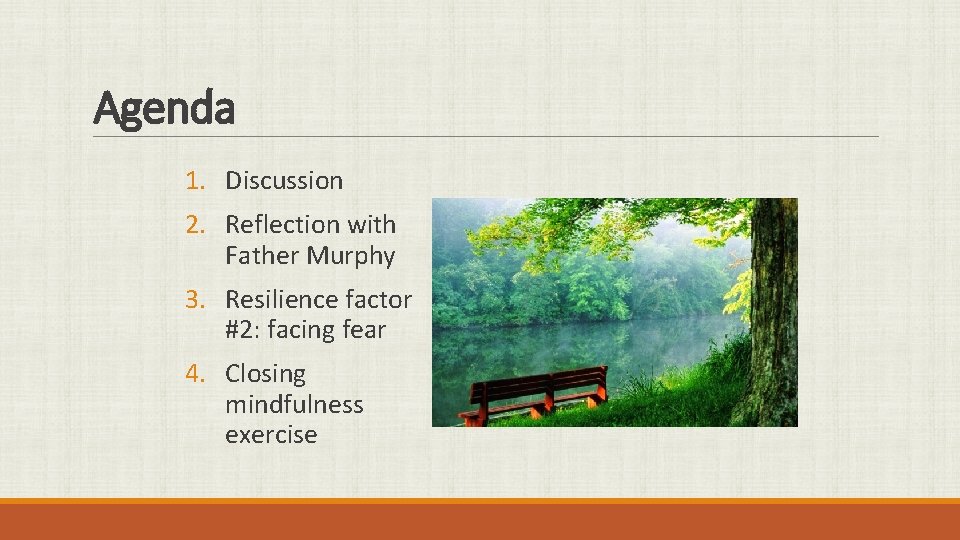 Agenda 1. Discussion 2. Reflection with Father Murphy 3. Resilience factor #2: facing fear