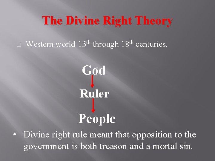 The Divine Right Theory � Western world-15 th through 18 th centuries. God Ruler