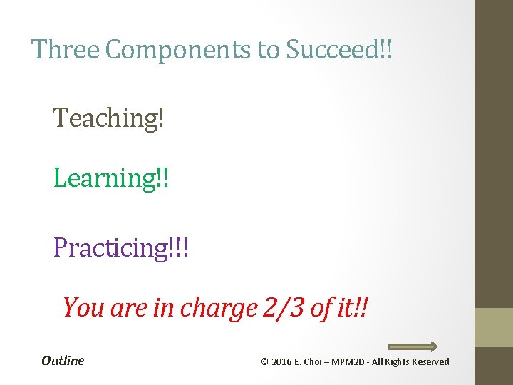 Three Components to Succeed!! Teaching! Learning!! Practicing!!! You are in charge 2/3 of it!!