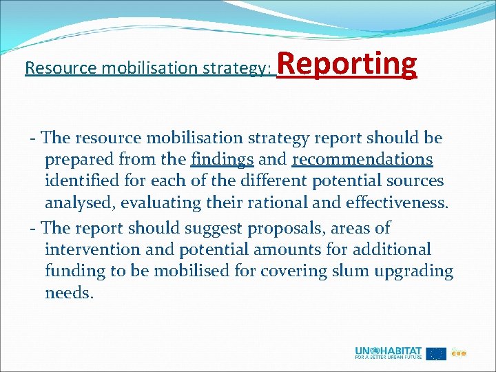 Resource mobilisation strategy: Reporting - The resource mobilisation strategy report should be prepared from