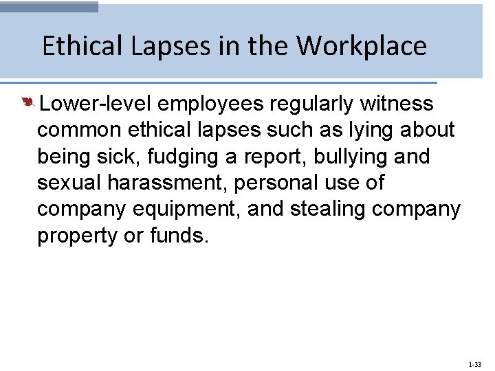 Ethical Lapses in the Workplace Lower-level employees regularly witness common ethical lapses such as